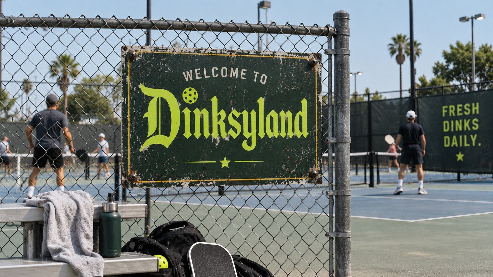 A weathered Welcome to Dinksyland sign on a pickleball court fence, players and palm trees beyond
