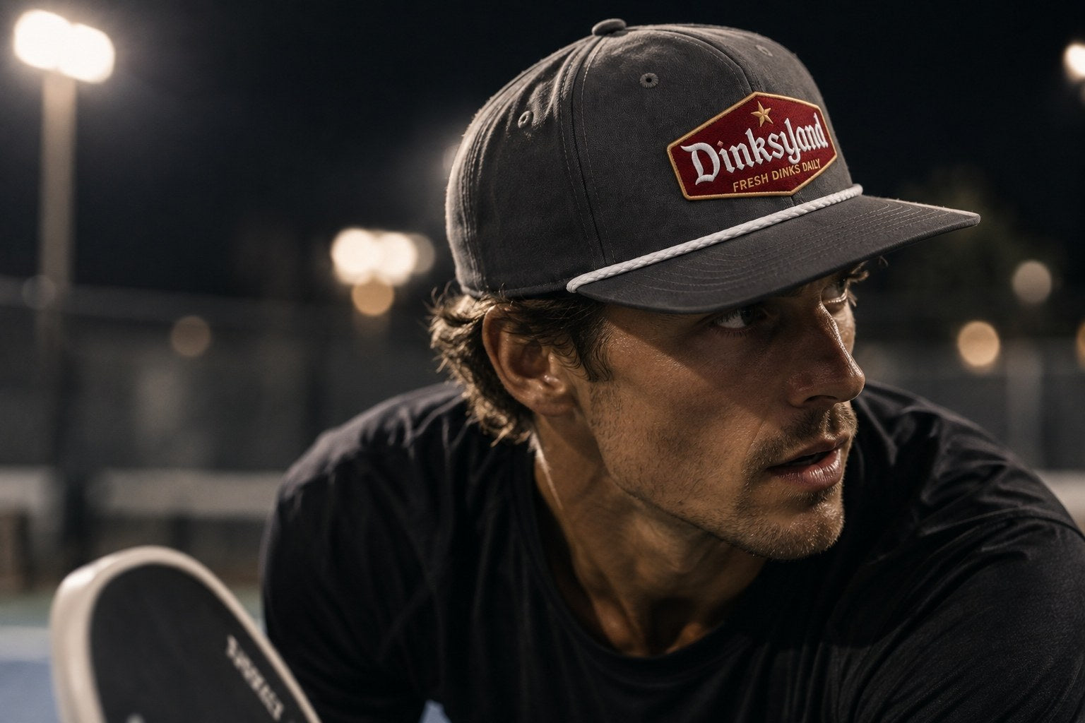 Player at night under court lights wearing the Charcoal Heritage cap