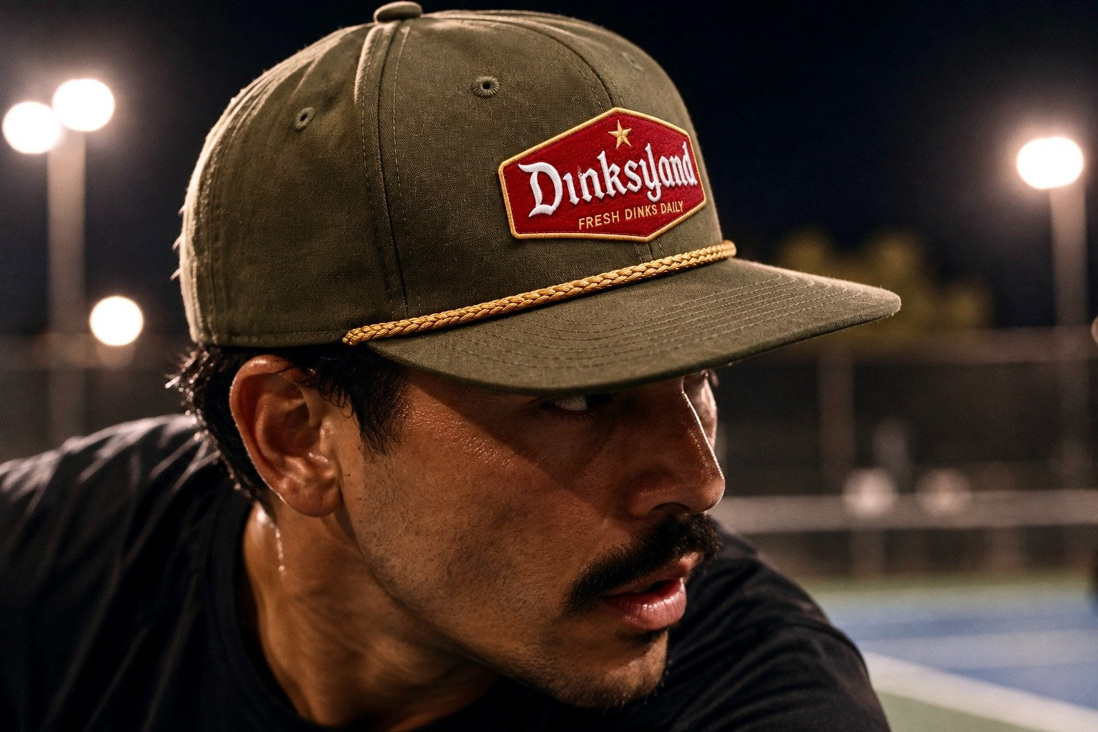 Player at night under court lights wearing the Loden Heritage cap