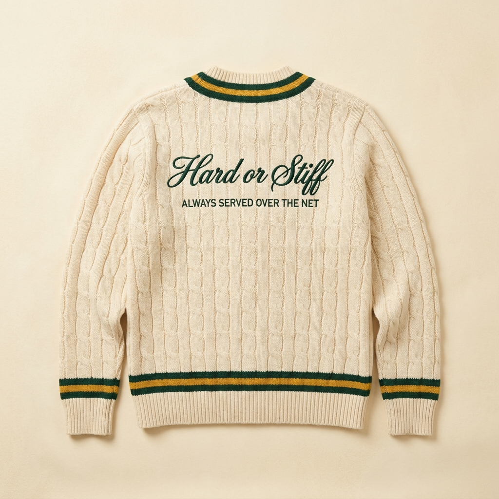 The Club Cardigan, back — Hard or Stiff, Always Served Over the Net