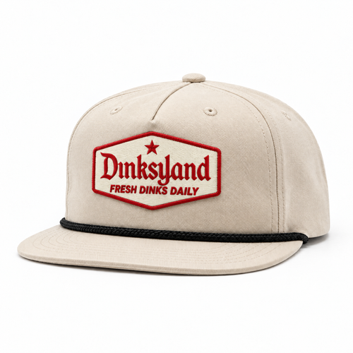 The Traveler rope cap, Birch with black rope, cream and red Dinksyland patch