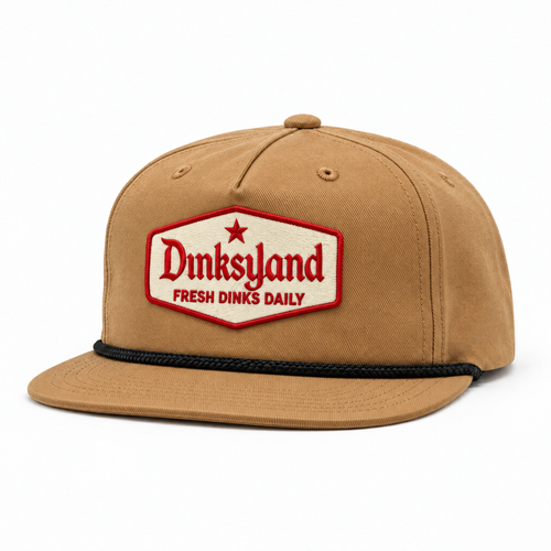 The Traveler rope cap, Biscuit with black rope, cream and red Dinksyland patch